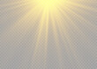 © Vitalii - Flash gold light with rays and spotlight. Golden star burst with sparkles. Translucent shine sun, bright flare. Sunlight glowing png effect. Yellow beam sunrays on transparent background. Vector