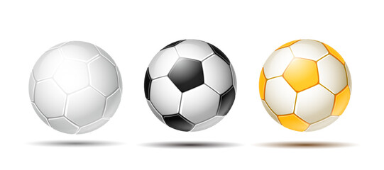 Wall Mural - Soccer ball. Football balls Set. Golden, white and black color. Mockup of sports elements.