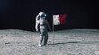 Astronaut in outer space on the surface of the moon. Planting Malta flag.
