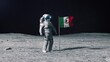 Astronaut in outer space on the surface of the moon. Planting Mexico Mexican flag.