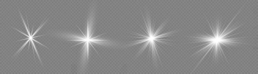 Set of glowing white stars bursts with sparkles. Sunlight special lens flare light effect. Shine, sparks, flash on transparent background. Glowing lights, star sparkl. Transparent shining sun. Vector.