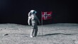 Astronaut in outer space on the surface of the moon. Planting Norway Norwegian flag.