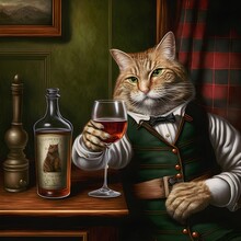 A Distinguished Red-haired Gentleman Cat Dressed In Green Scottish Attire Drinks Scotch Whiskey In His Classic Men's Office. Artistic Modern Digital Painting.
