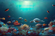 Illustration einer Unterwasserwelt mit Korallenfische und Meresschildkröte 