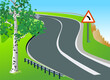 Mountain landscape with a birch near a dangerous turn of the road. Vector illustration. 