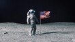 Astronaut in outer space on the surface of the moon. Planting US American flag. 