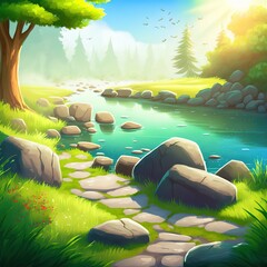 Poster - Landscape of a summer forest with green trees and grass, a stone path leading to a pond 3d illustration