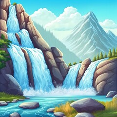 Canvas Print - Mountains in greenery with a waterfall, streams of water fall down into a mountain river under a blue sky with clouds 3d illustration