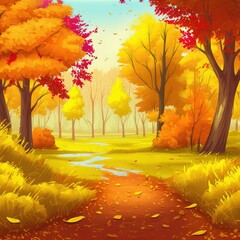 Canvas Print - Trees with yellow foliage, orange grass along the road and gusts of wind in late autumn 3d illustration