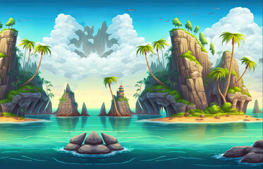 Poster - Uninhabited island in the ocean with large rocks and palm trees 3d illustration