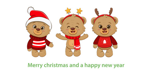 Wall Mural - Cute cartoon teddy bear Isolated on white. Christmas  Illustration for design, banners, children's books and patterns. Bear on santas hat.Vector