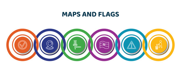 editable thin line icons with infographic template. infographic for maps and flags concept. included mark, locator, rail crossing, flags, caution, no littering icons.