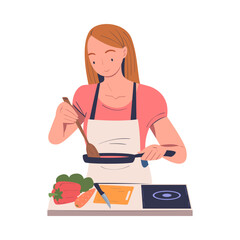 Wall Mural - Woman Character Cooking at Home Standing at Table with Vegetables and Frying Pan Vector Illustration