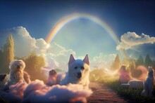 A Fantasy Dog-cat Paradise Where Pets Run And Play In A Beautiful Eden Garden Populated By Ethereal Clouds, Rainbow Bridges, And Heavenly Sunshine. The Idea Of An Afterlife For Animals.