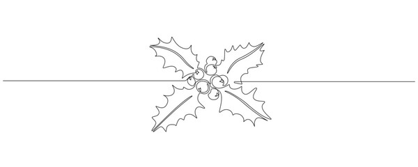 Poster - One continuous line drawing of Christmas Holly leaves. Festive aquifolium plant and berry in simple linear style. Template for greeting card, note cover, postcard, logo. Doodle vector illustration
