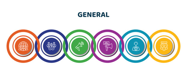 editable thin line icons with infographic template. infographic for general concept. included team, hr policies, agitation, direct marketing, brand awareness, data engineering icons.