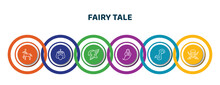 Editable Thin Line Icons With Infographic Template. Infographic For Fairy Tale Concept. Included Centaur, Queen, Valkyrie, Genie, Rapunzel, Jolly Roger Icons.
