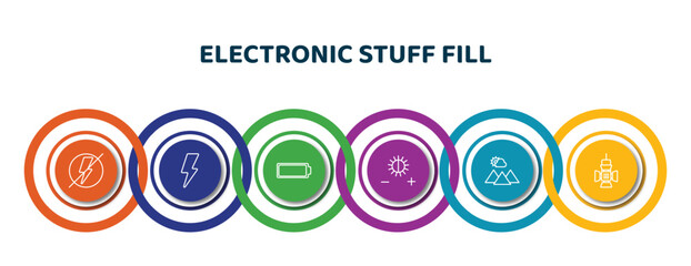 Sticker - editable thin line icons with infographic template. infographic for electronic stuff fill concept. included flash off, blitz flash, empty battery, brightness option, scenic, reflector icons.