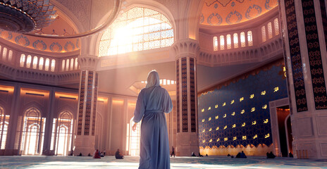 Back view modern woman in traditional blue abaya standing in Grand Mosque with magic sun light. Concept traveling islam arab culture