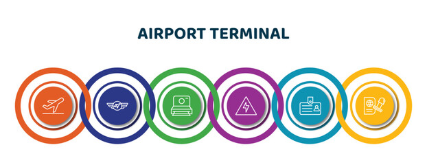 Wall Mural - editable thin line icons with infographic template. infographic for airport terminal concept. included plane landing, air company, vintage camera, high voltage, identification badge, stamp for