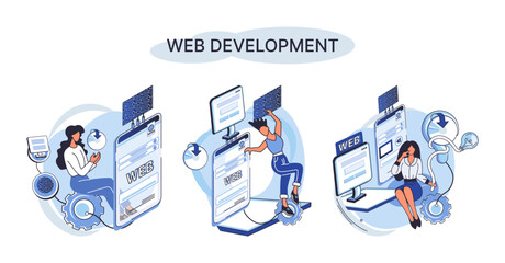 Web development metaphor, coding and programming responsive layout internet site or app of devices. Creation digital Software mobile, desktop platforms. Computer code, tablet, phone, digital business