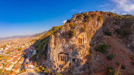 Canvas Print - Aerial view Lycian ancient old tombs outside Fethiye Turkey