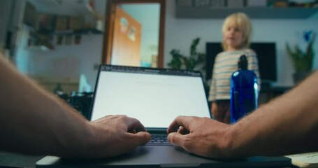 Children interrupts freelancer work at home office use laptop computer pov shot