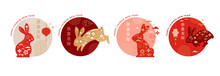 Chinese New Year 2023 Year Of The Rabbit - Red Traditional Chinese Designs With Rabbits, Bunnies. Lunar New Year Concept, Modern Design. Translation: Happy Chinese New Year