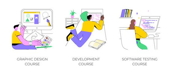 Wall Mural - professional it courses isolated cartoon vector illustrations set. graphic design, development and s