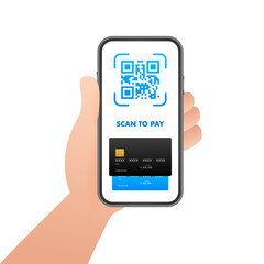 Poster - Scan to pay. Smartphone to scan QR code on paper for detail, technology and business concept. Vector stock illustration.