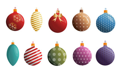 Christmas toys clipart, balls illustration set in green, violet, red and orange color. Vector Xmas glass ball. Holiday decoration template. New Year's Eve christmas tree decor.