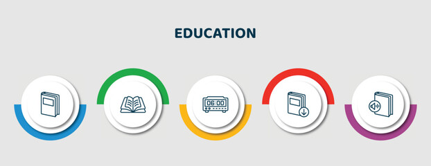 editable thin line icons with infographic template. infographic for education concept. included book of black cover, opened, digital timer, download book, muted book icons.