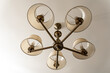 A round chandelier of several lamps against a light ceiling, full frame, bottom view