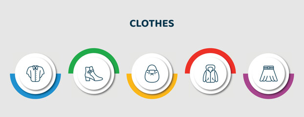 Wall Mural - editable thin line icons with infographic template. infographic for clothes concept. included denim shirt, ankle boots, bucket bag, hooded jacket, circle skirt icons.