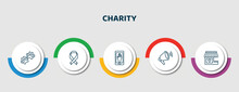 Editable Thin Line Icons With Infographic Template. Infographic For Charity Concept. Included Dog Pawprint, Awareness, Charity App, Loudspeaker, Charity Shop Icons.