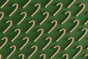 Poster - Pattern with a gold Christmas candy on a green background. Christmas concept, Santa Claus. 3D render, 3D illustration.