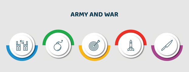 editable thin line icons with infographic template. infographic for army and war concept. included two way radio, bomb, target, missile, knife icons.