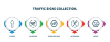 Editable Thin Line Icons With Infographic Template. Infographic For Traffic Signs Collection. Concept. Included Straight, No Weapons, Degree Curve Road, No Fireworks, Airport Icons.