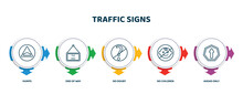 Editable Thin Line Icons With Infographic Template. Infographic For Traffic Signs Concept. Included Humps, End Of Way, No Doubt, No Children, Ahead Only Icons.