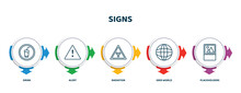 Editable Thin Line Icons With Infographic Template. Infographic For Signs Concept. Included Drink, Alert, Radiation, Grid World, Placeholders Icons.