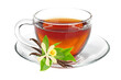 Cup of tea with fresh tea leaves on a saucer transparent background PNG Pro PNG