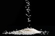 © Galina Atroshchenko - Raw white rice is falling on table. Pile of uncooked long rice on black background. Natural organic vegan food.