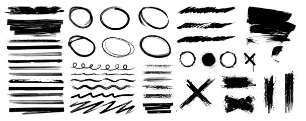 Fototapete - Realistic highlighter, underline, marker lines. Round stroke lines, strokes, marker lines, paint brush, cross. Isolated Hand-drawn grunge collection. Brushstroke, underline, marker highlighter. Vector