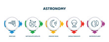 Editable Thin Line Icons With Infographic Template. Infographic For Astronomy Concept. Included Space Gun, Neptune With Satellite, Crescent Moon, Capsule Parachute, Destroyed Planet Icons.