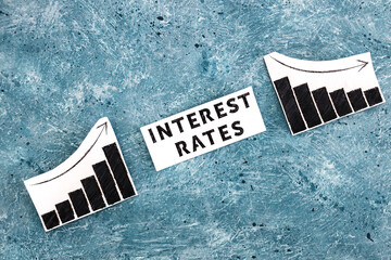 interest rates text in between graphs with stats going up then going down, economic struggles after the pandemic