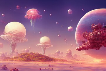 Wall Mural - Fantastic and Exotic Allen Planet's Environment Falling UFO. Video Game's Digital CG Artwork, Concept Illustration, Realistic Cartoon Style Background