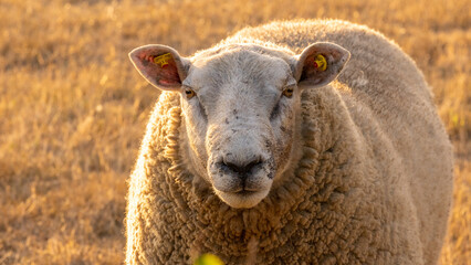 Wall Mural - sheep farm. white Sheep portrait. Farm animals. White lamb in paddock.Breeding and rearing sheep.Sheep woolen breeds.