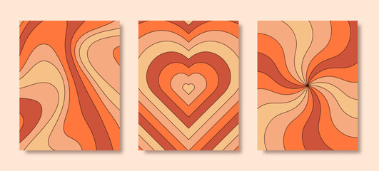 Wall Mural - Groovy Hippie 70s Posters Set. Vector Psychedelic Background: Rainbow Heart, Sun Rays, Wavy Lines