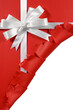 Red paper open gift with white ribbon bow and torn edge isolated transparent background photo PNG file