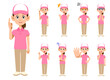 ピンク色の半袖のポロシャツ姿で帽子をかぶった女性スタッフ　9種類の表情とポーズ1
